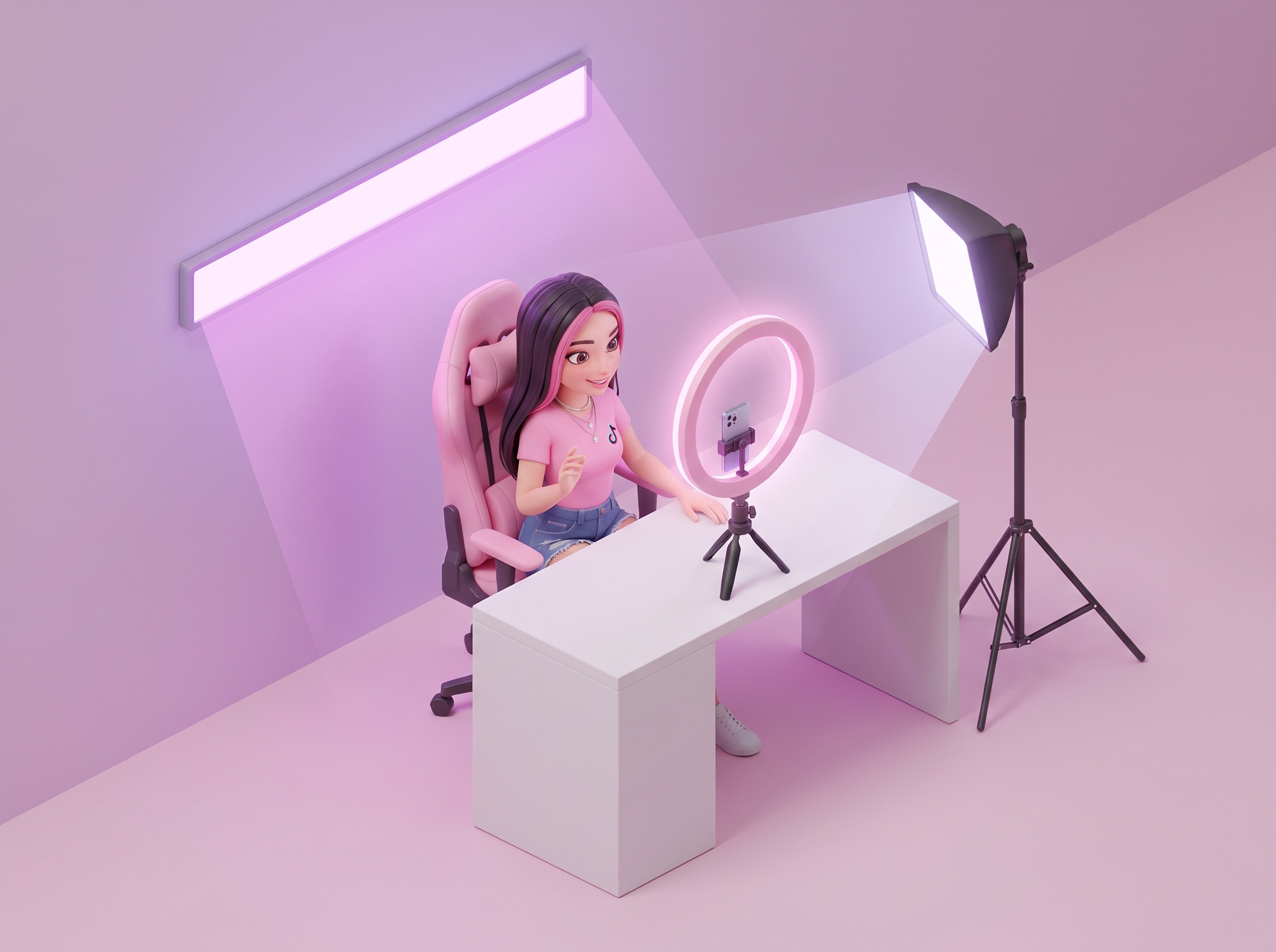 Объёмная 3D-схема расстановки света для стрима: TIKKI сидит за столом и показывает правильную схему света — кольцевая лампа стоит перед лицом на уровне глаз, заполняющий свет под углом 45° справа, фоновая LED-подсветка позади на стене